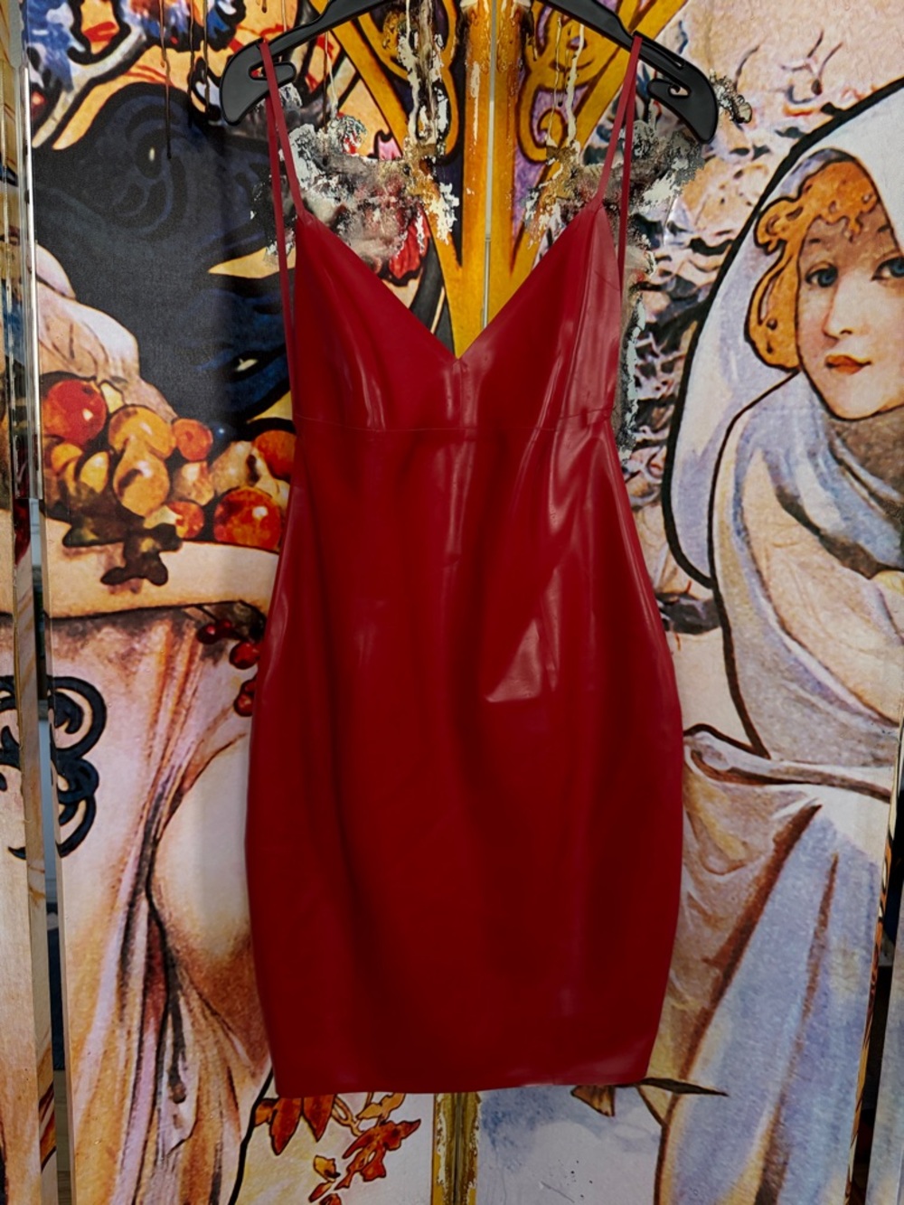 Red Latex Low Back  Slip Mini Dress - Women